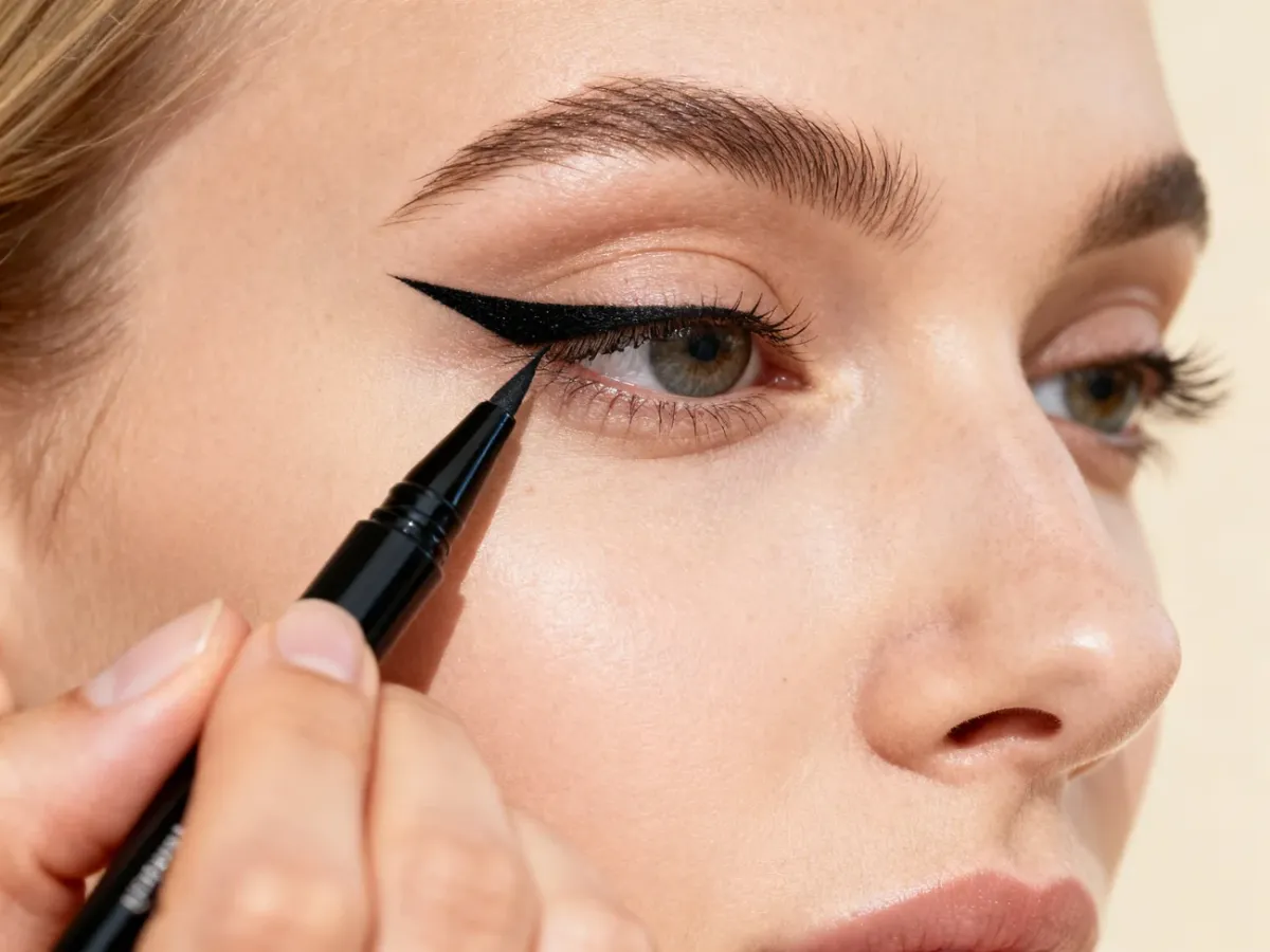Wizażystka precyzyjnie rysuje czarną kreskę typu cat-eye na powiece za pomocą eyelinera w pisaku.