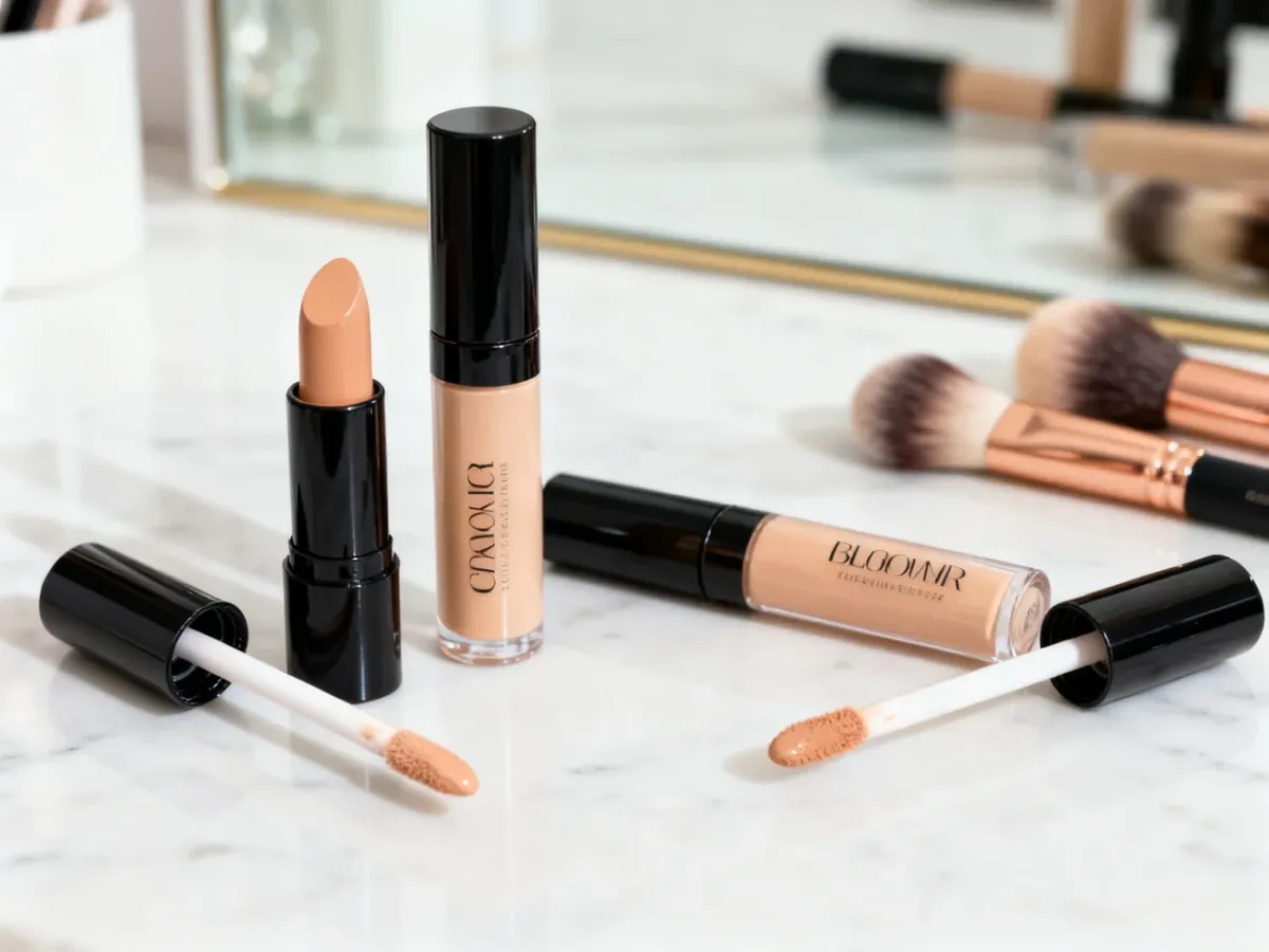 Profesjonalne korektory w sztyfcie i płynie estetycznie ułożone na marmurowym blacie, gotowe do użycia w codziennym makijażu.