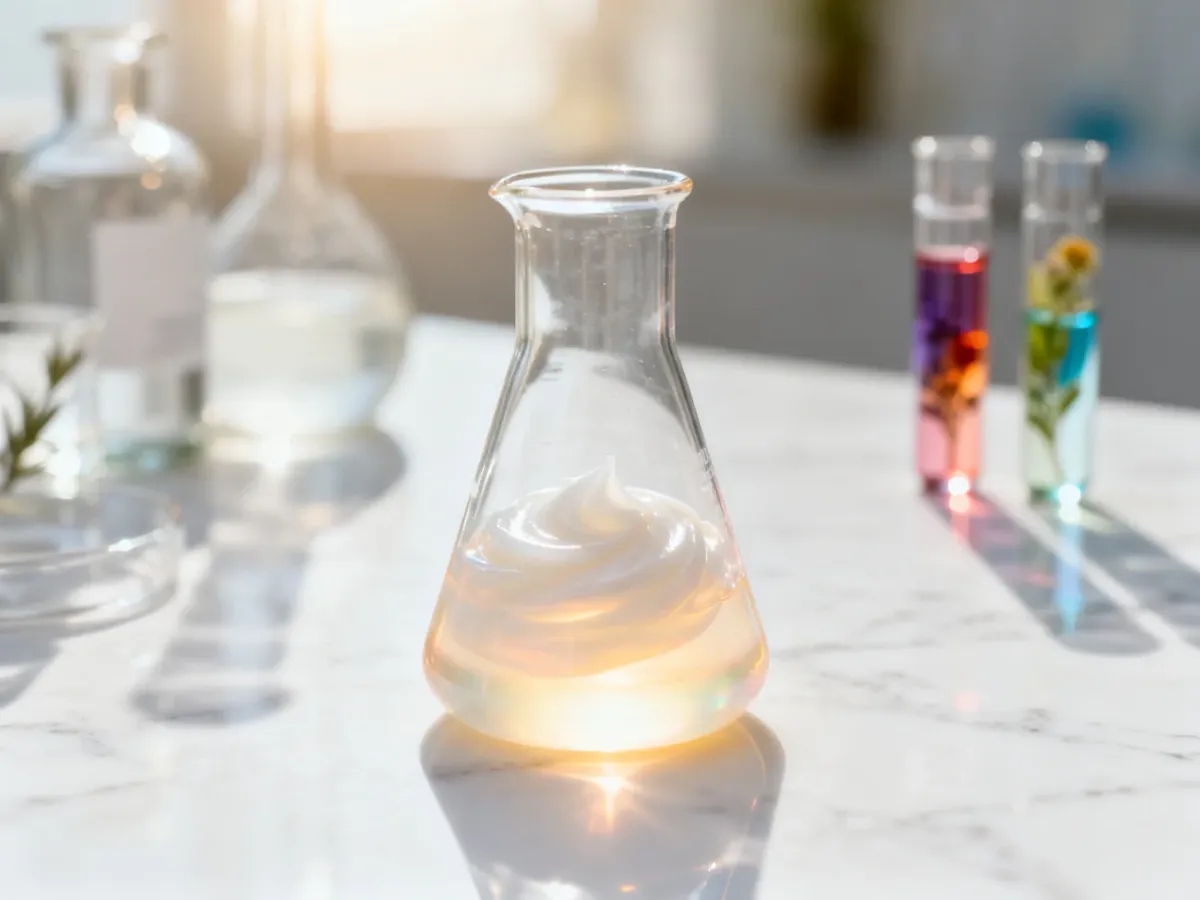 Nowoczesny krem kosmetyczny w szklanym naczyniu laboratoryjnym na marmurowym blacie, podkreślający naukowe podejście do pielęgnacji.