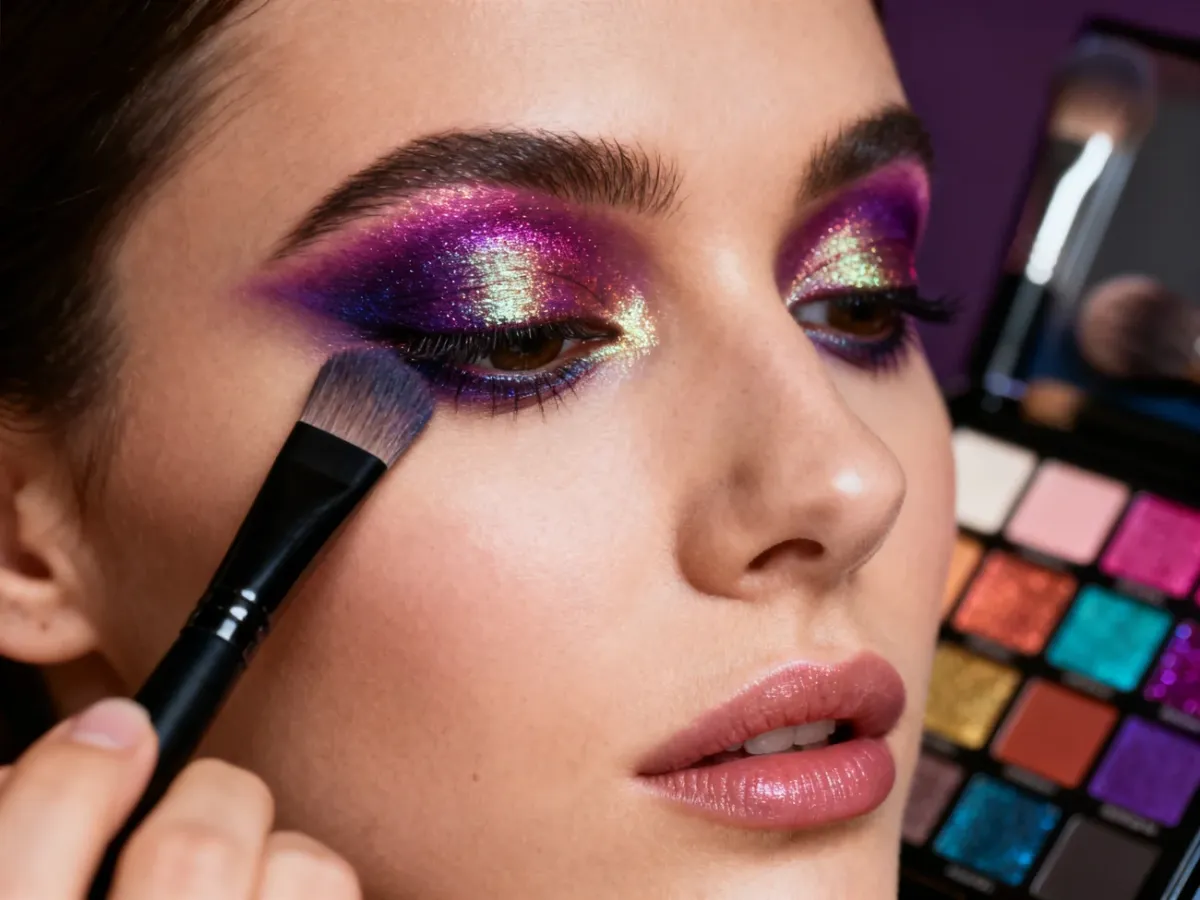 A flat brush applying vivid metallic eyeshadow to a prepared eyelid