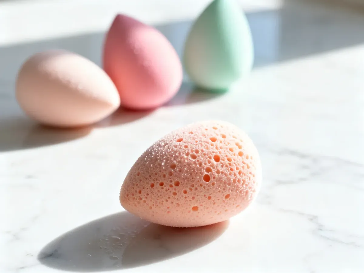 Zestaw kolorowych, wilgotnych gąbek do makijażu typu beauty blender ułożonych na marmurowym blacie.