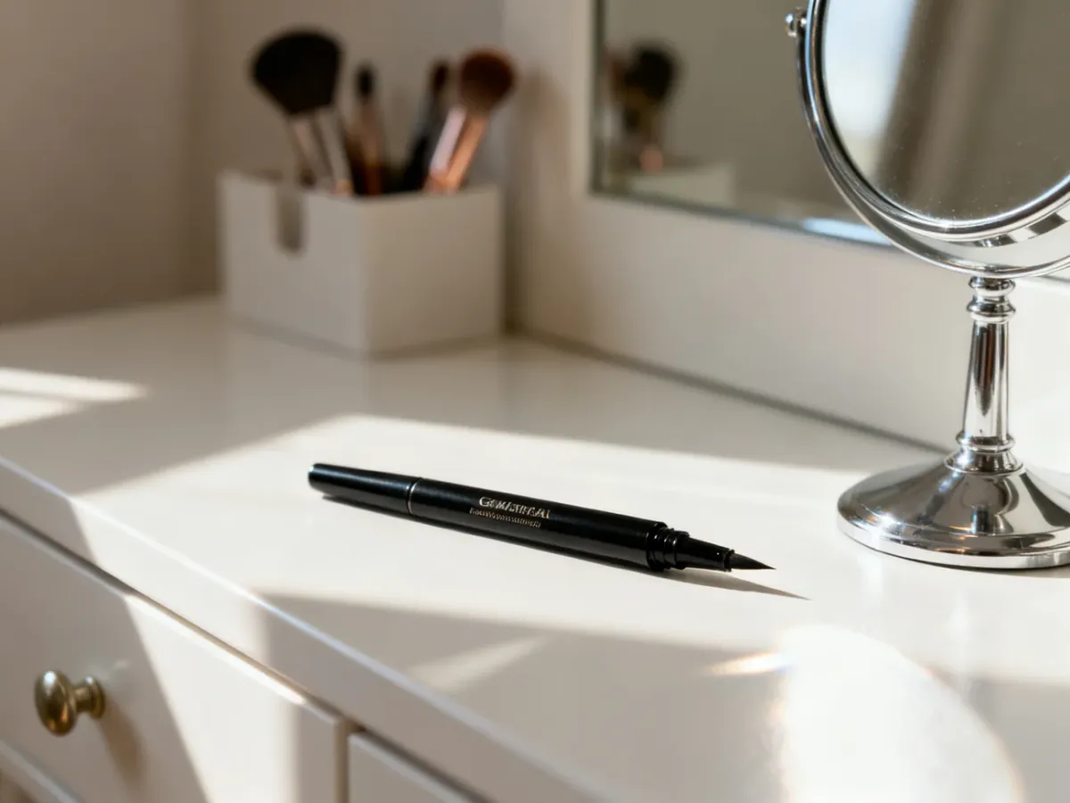 Profesjonalny czarny eyeliner leżący na toaletce obok lusterka, gotowy do poprawy makijażu oczu.