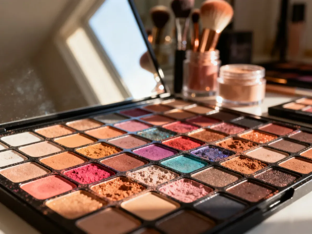 Otwarta paleta cieni do powiek z szeroką gamą kolorów w profesjonalnym stanowisku do makijażu.