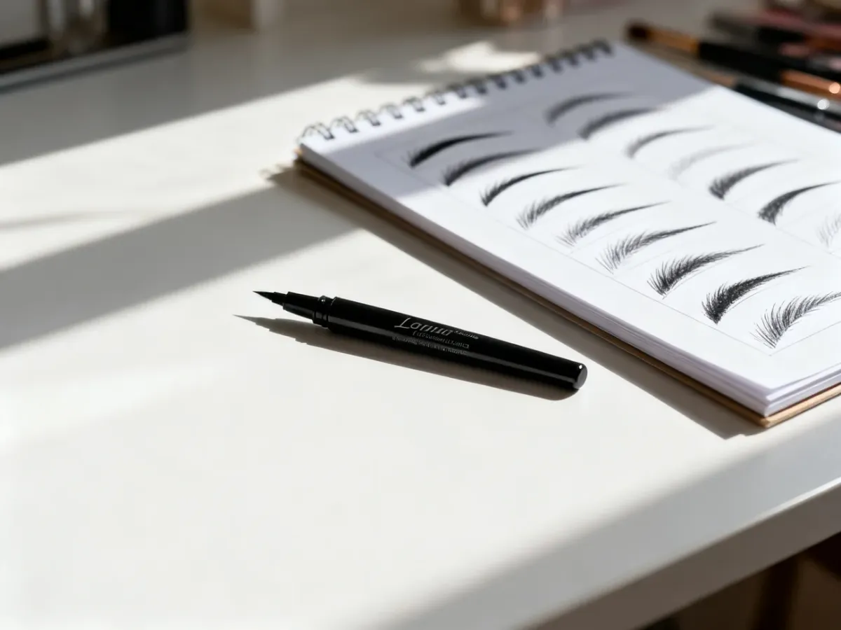 Czarny eyeliner leżący obok szkicownika z ćwiczeniami rysowania kresek na powiekach.