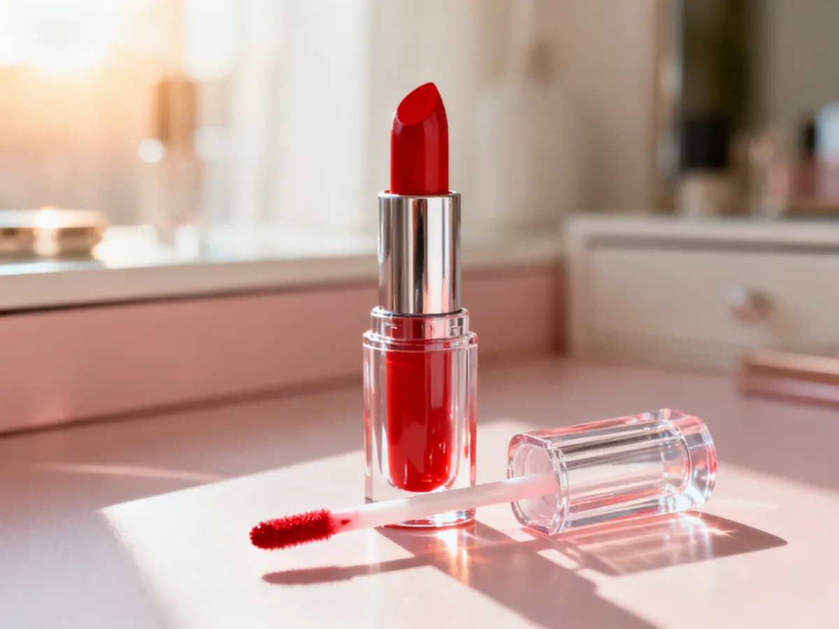 Eleganckie zestawienie czerwonej szminki i błyszczyka na minimalistycznej toaletce. Produkty do makijażu ust w zbliżeniu.