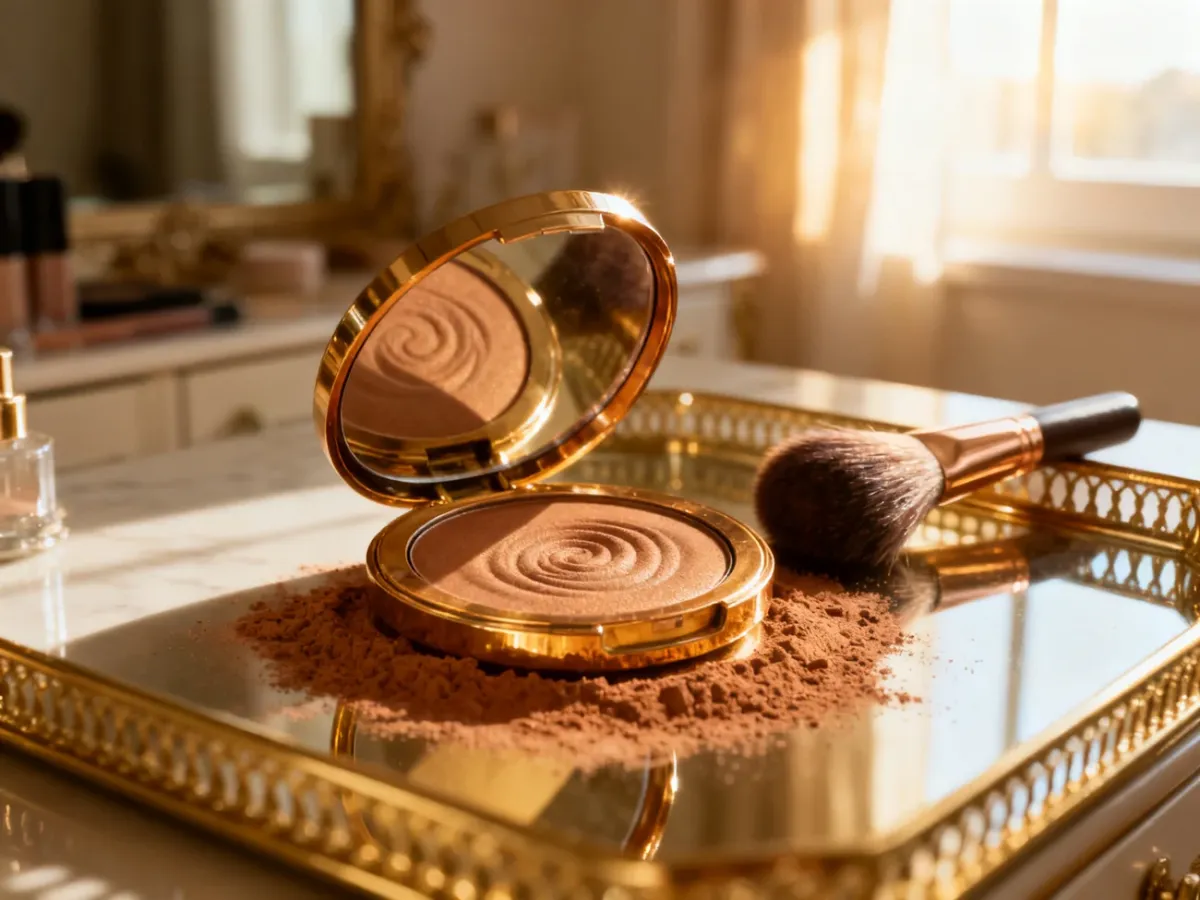 Otwarte opakowanie bronzera z pędzlem do makijażu na eleganckiej tacy w ciepłym, słonecznym świetle.