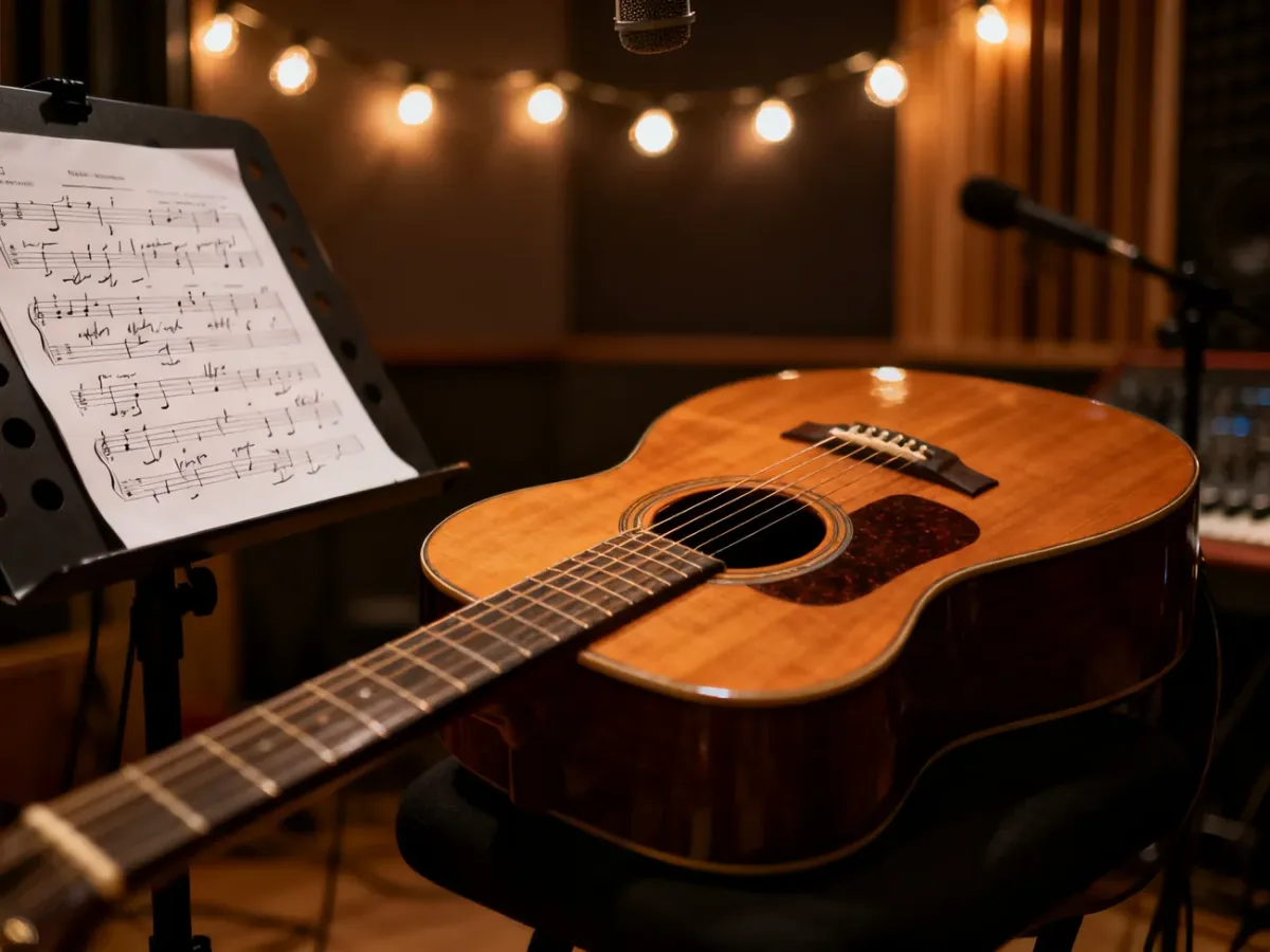 Drewniana gitara akustyczna na statywie z nutami w przytulnym, nastrojowym studiu nagraniowym.