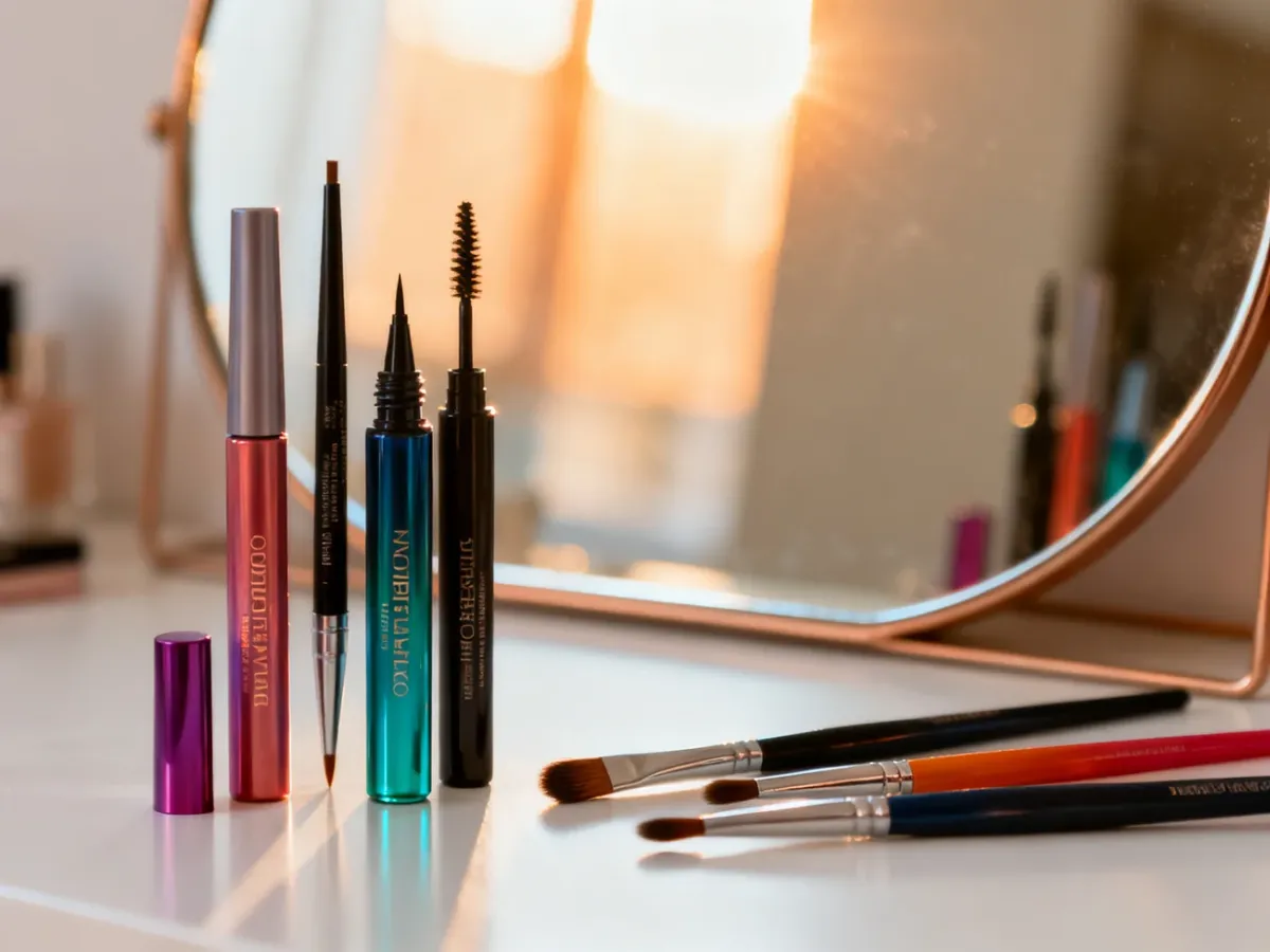 Profesjonalne eyelinery i pędzle do makijażu ułożone na toaletce, gotowe do precyzyjnego rysowania kresek na powiekach.