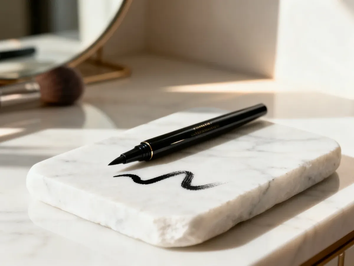 Elegancki eyeliner w płynie leżący na marmurowym blacie obok artystycznej kreski wykonanej kosmetykiem.