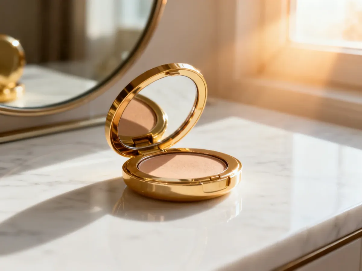 Elegancka puderniczka Max Factor Creme Puff otwarta na białym marmurowym blacie w słonecznym świetle.