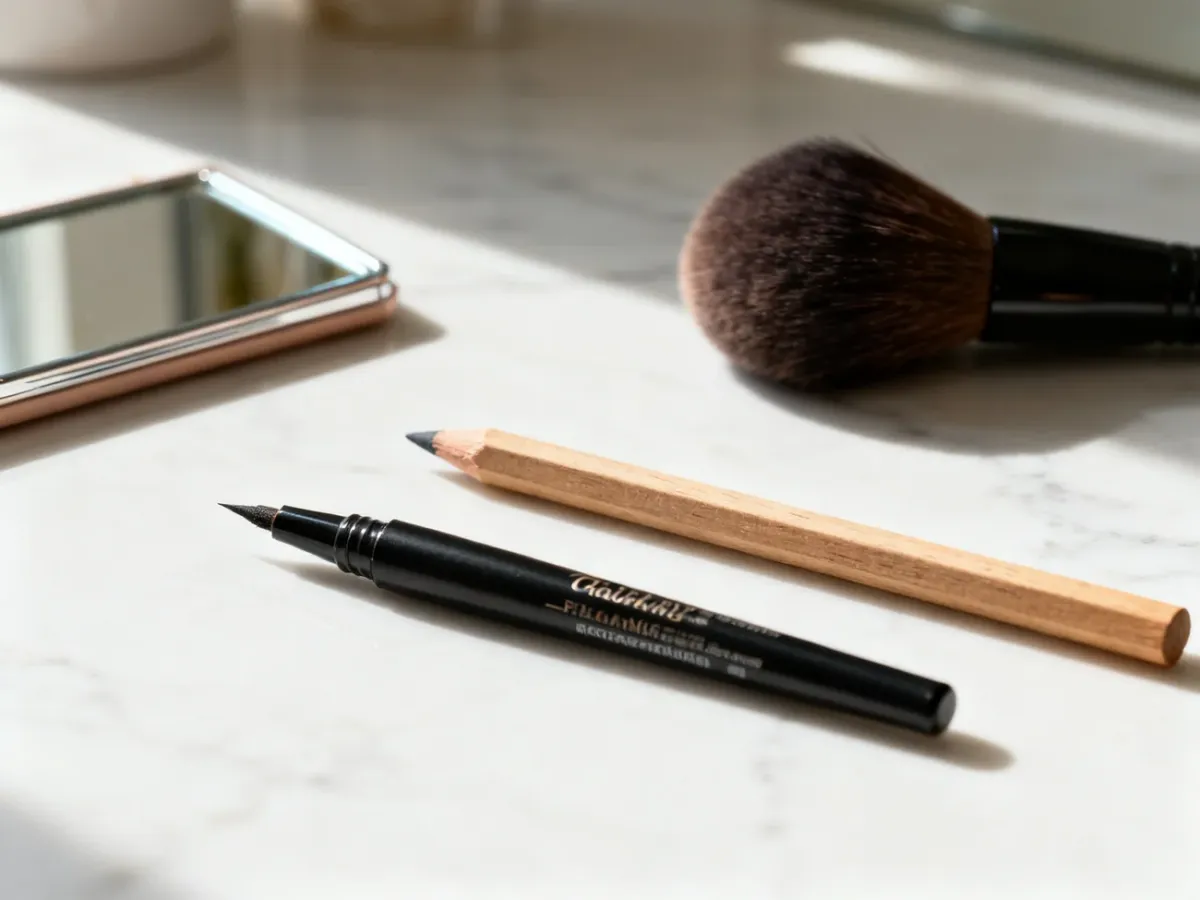 Płynny eyeliner i kredka do oczu ułożone na marmurowym blacie obok pędzla i lusterka, gotowe do nauki makijażu.