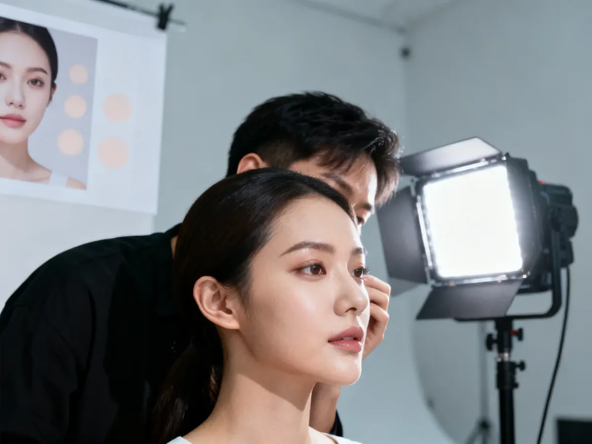Modelka oglądana w świetle lampy błyskowej podczas testu makijażu fotograficznego
