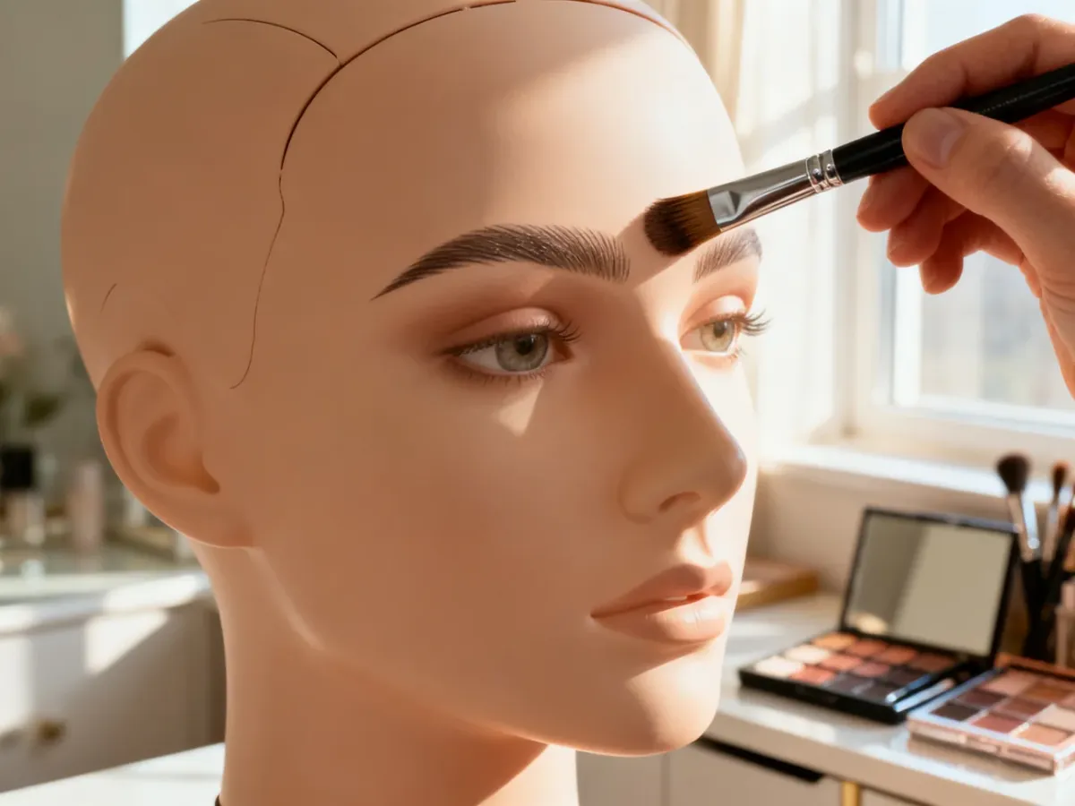 Pędzel nakładający pigment na brwi manekina, ilustrujący profesjonalną technikę makijażu korygującego.