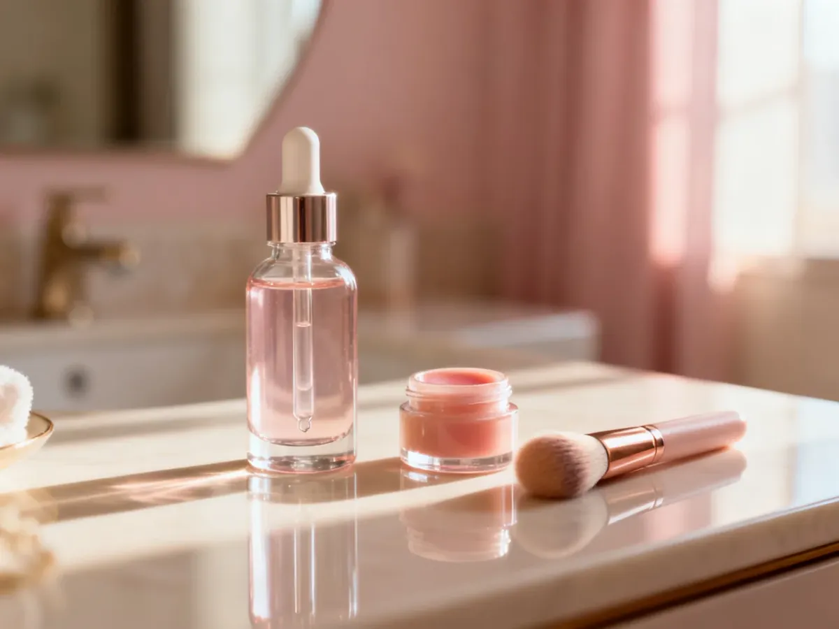 Elegancka toaletka z produktami do pielęgnacji ust w świetle poranka, podkreślająca domowe rytuały piękna.