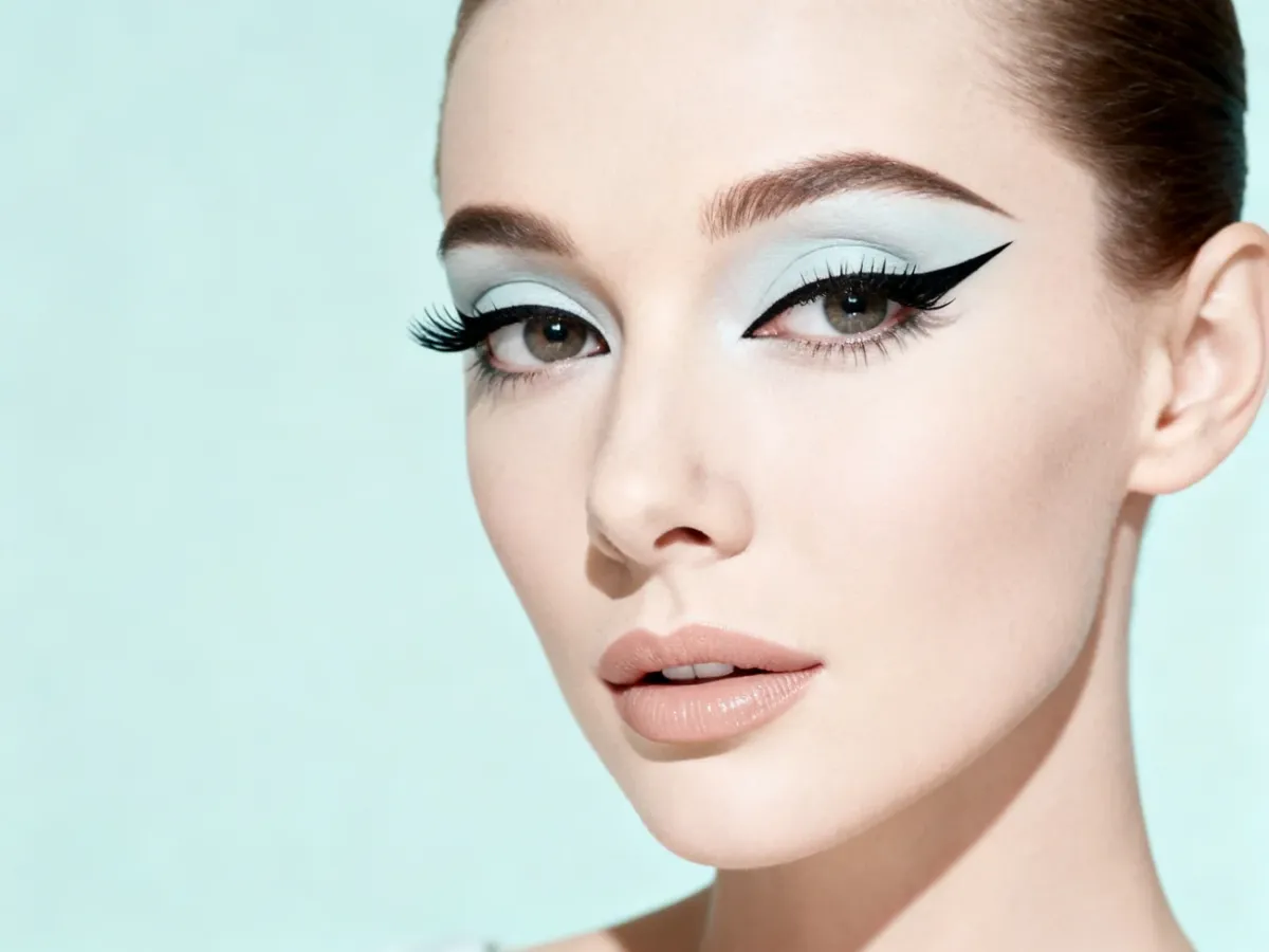 Portret w stylu Mod z porcelanową cerą, geometrycznym eyelinerem i charakterystycznymi rzęsami Twiggy