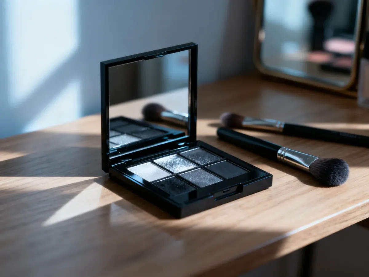 Paleta cieni do powiek w odcieniach szarości oraz profesjonalne pędzle do makijażu smokey eye na drewnianym stole.