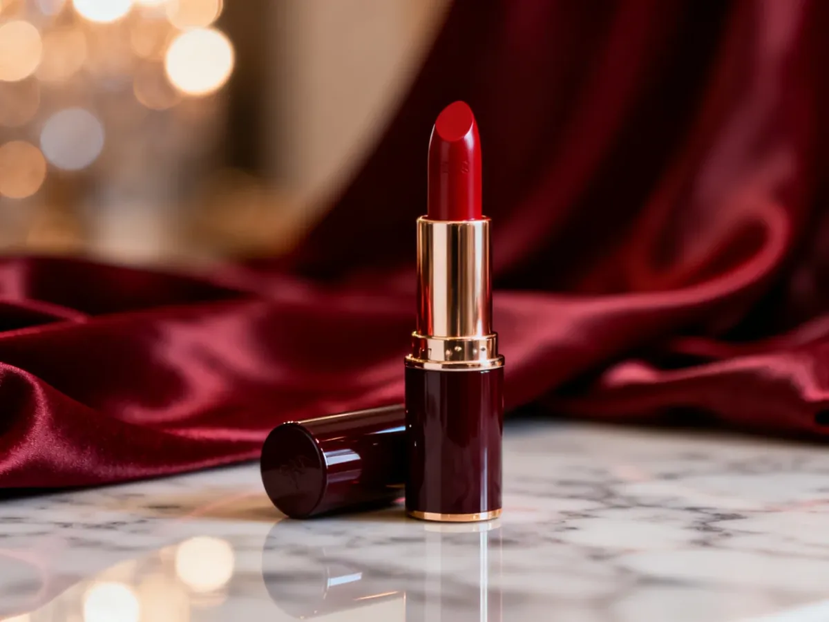 Otwarta bordowa szminka na marmurowym blacie obok eleganckiego materiału, idealnie pasująca do wieczorowej stylizacji.