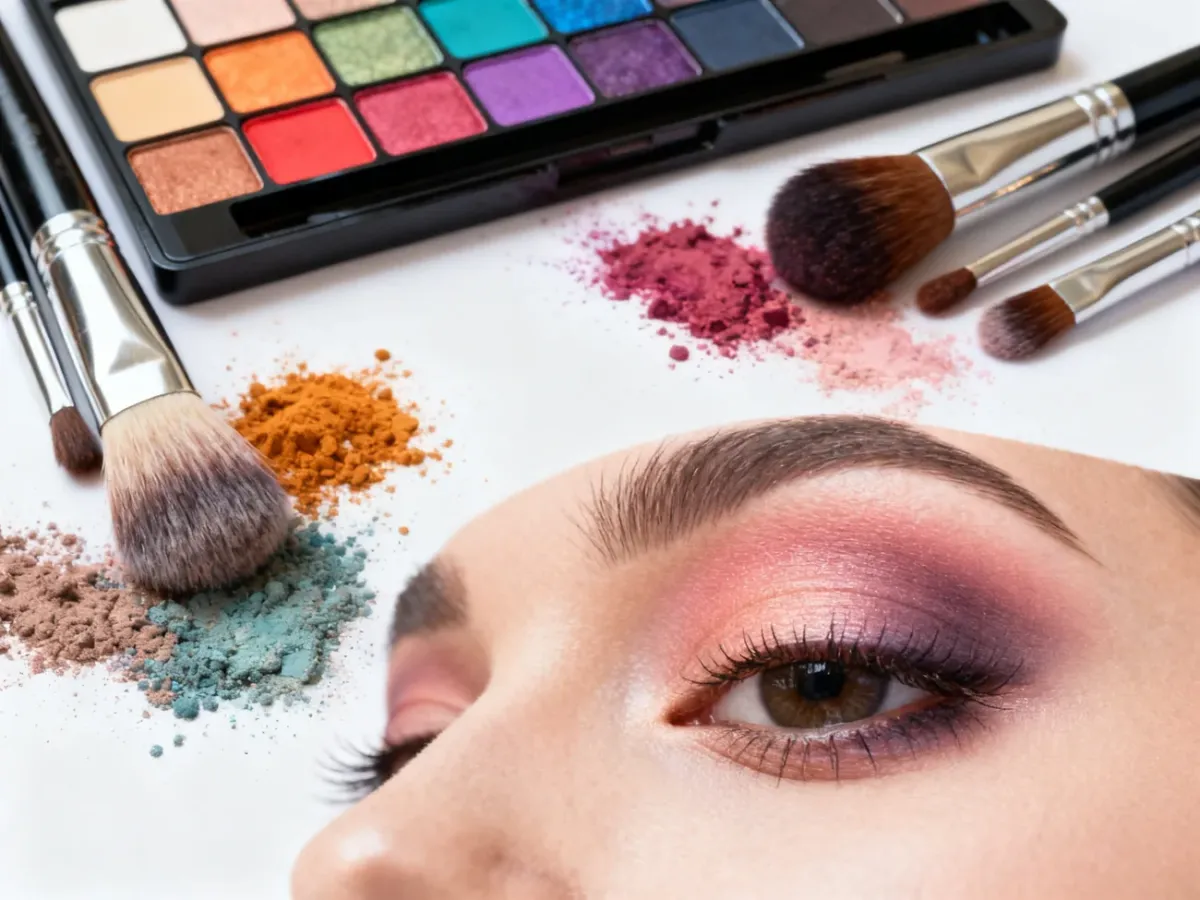 Organized makeup tools and a softly blended colorful eye look