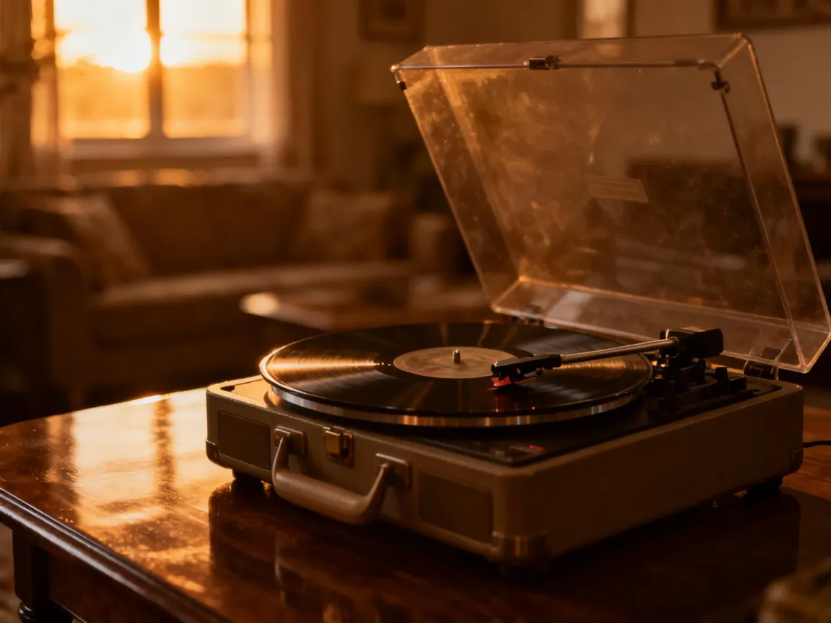 Gramofon z płytą winylową na drewnianym stole w ciepłym, nostalgicznym świetle zachodzącego słońca.