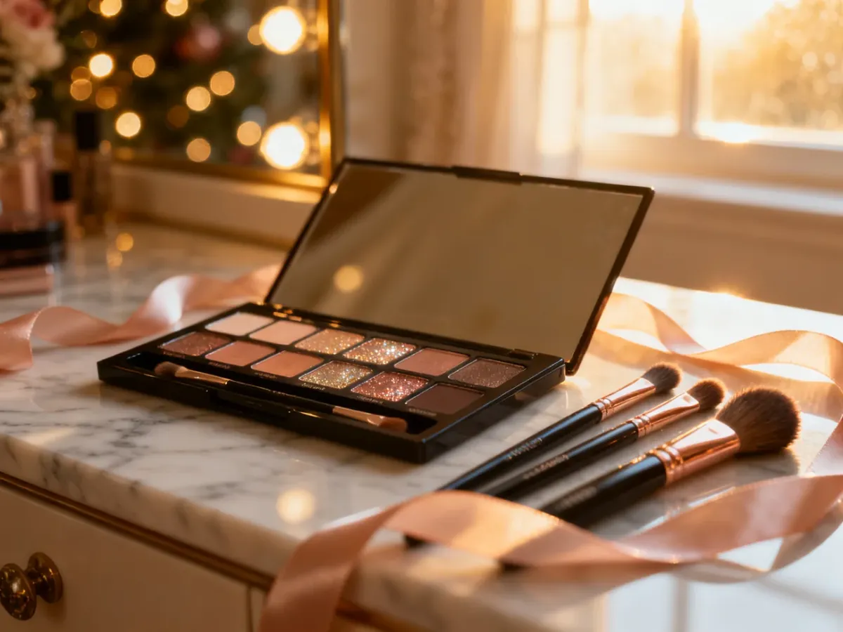Elegancka paleta cieni do powiek i pędzle na marmurowym blacie, przygotowane do wykonania profesjonalnego makijażu ślubnego.
