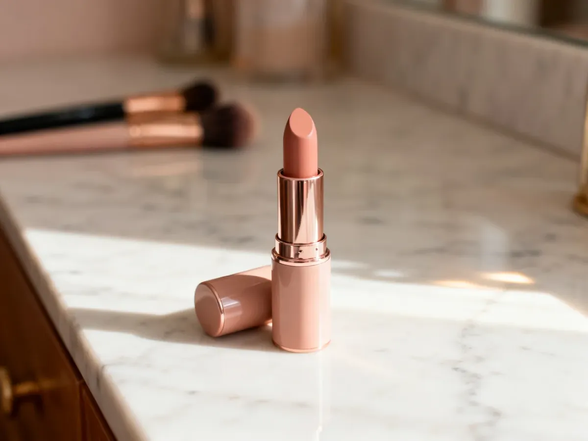 Otwarta pomadka w odcieniu nude na marmurowym blacie, prezentująca elegancki produkt do codziennego makijażu.