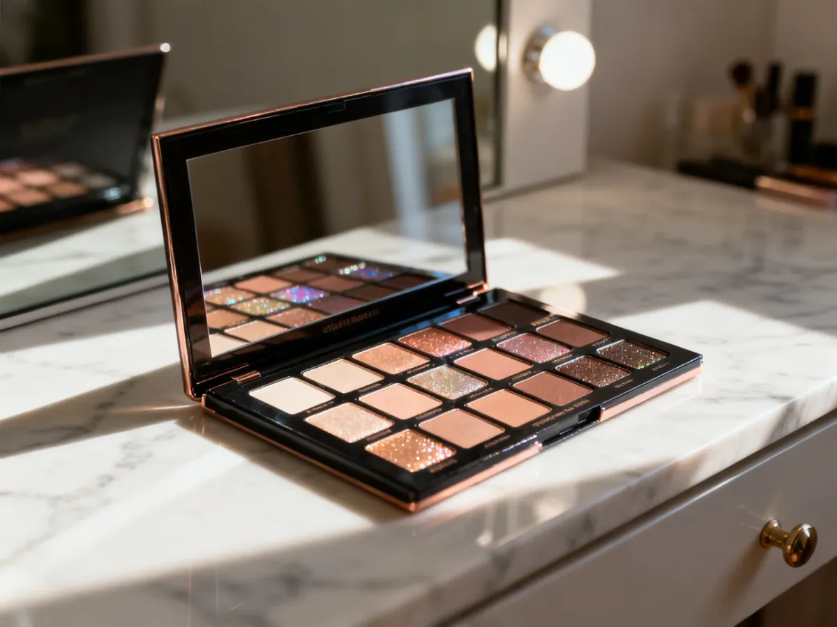 Elegancka paleta cieni do powiek w odcieniach nude na marmurowym blacie, gotowa do wykonania makijażu powiększającego oczy.