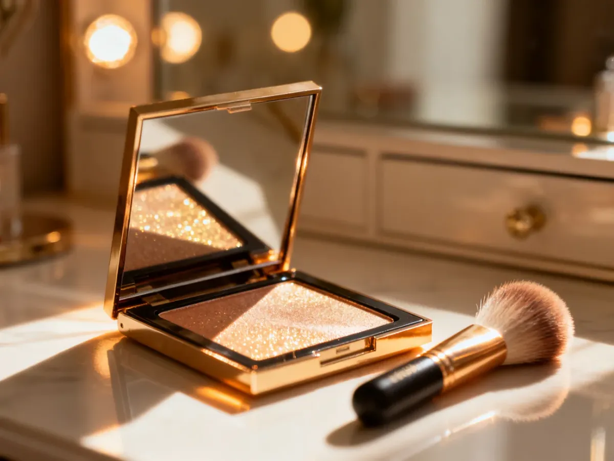 Otwarta paleta rozświetlaczy z pędzlem do makijażu w ciepłym, porannym świetle, prezentująca luksusowe produkty do efektu glow.