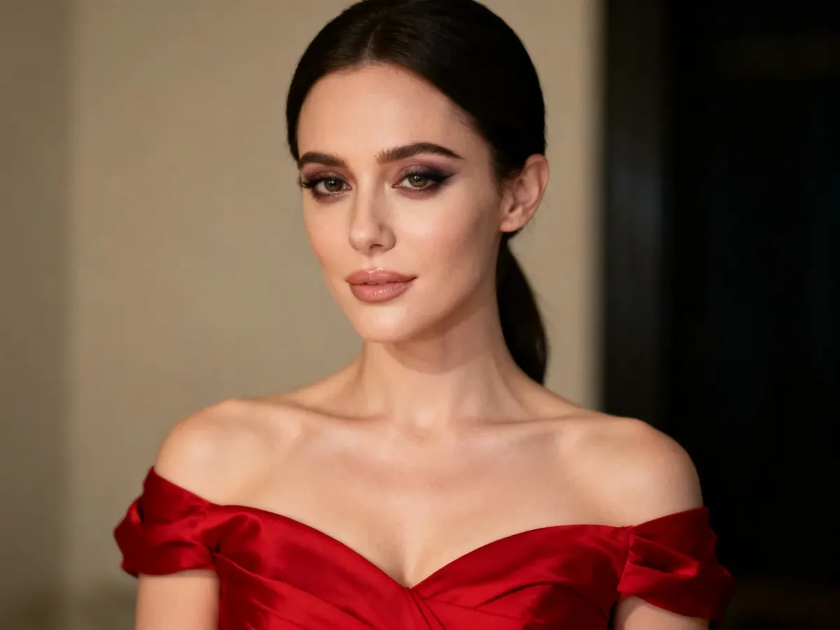 Kobieta w czerwonej sukience z delikatnym smoky eye i ustami nude