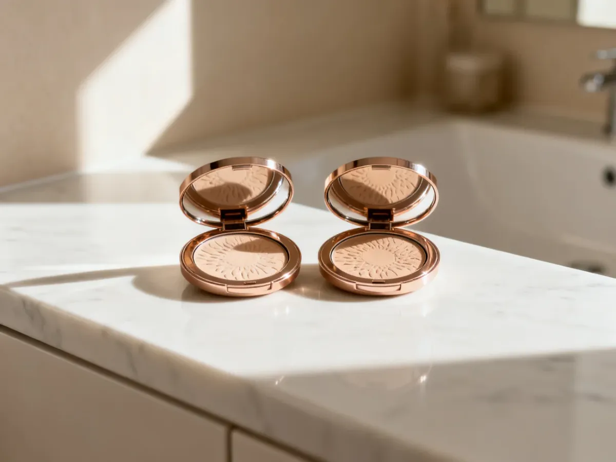 Luksusowe pudry Hourglass i Laura Mercier ustawione obok siebie na marmurowym blacie w minimalistycznej łazience.