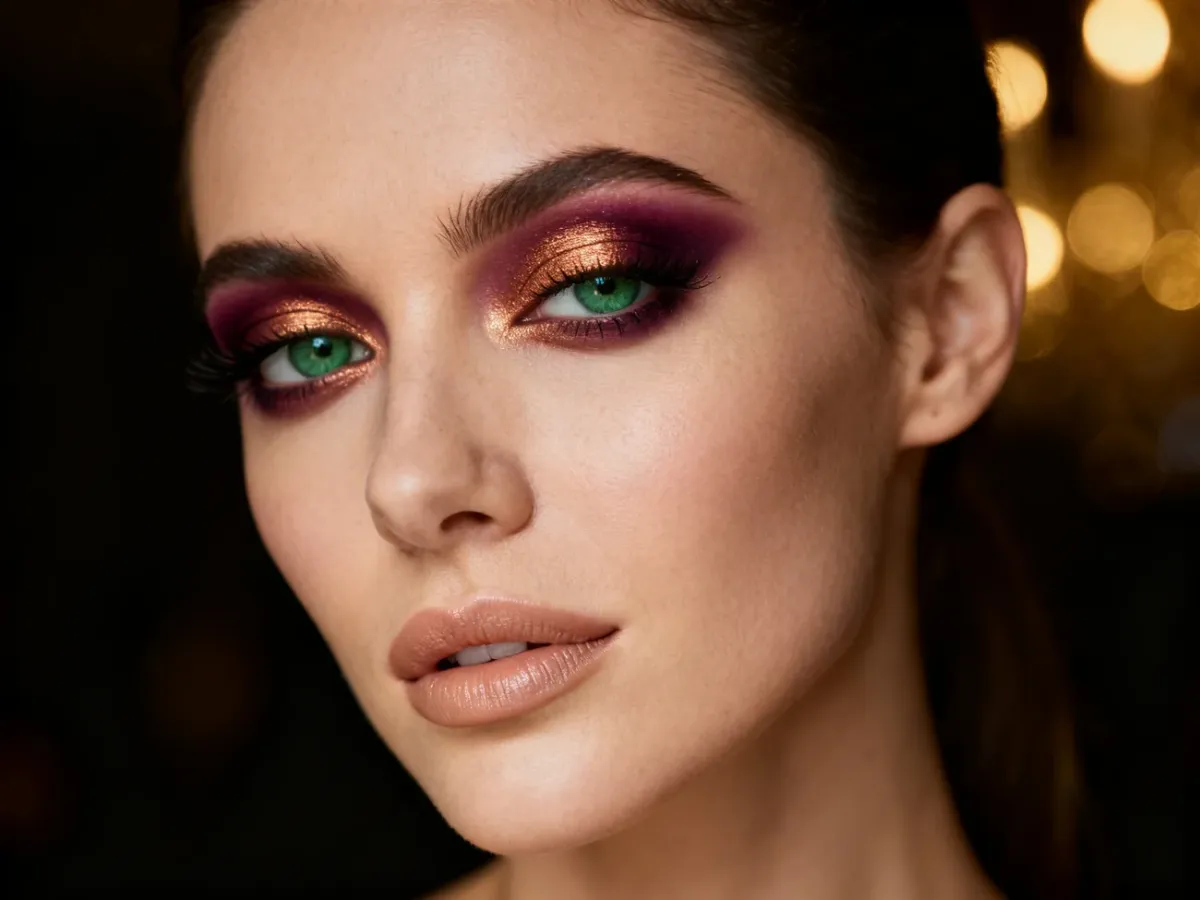 Wieczorowy makijaż zielonych oczu ze śliwkowym smokey eyes i miedzianym akcentem