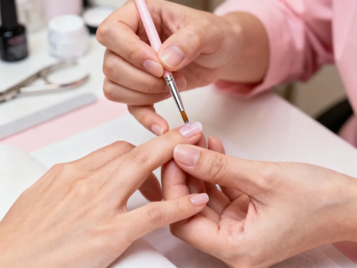 Stylistka nakłada primer na naturalną płytkę paznokcia