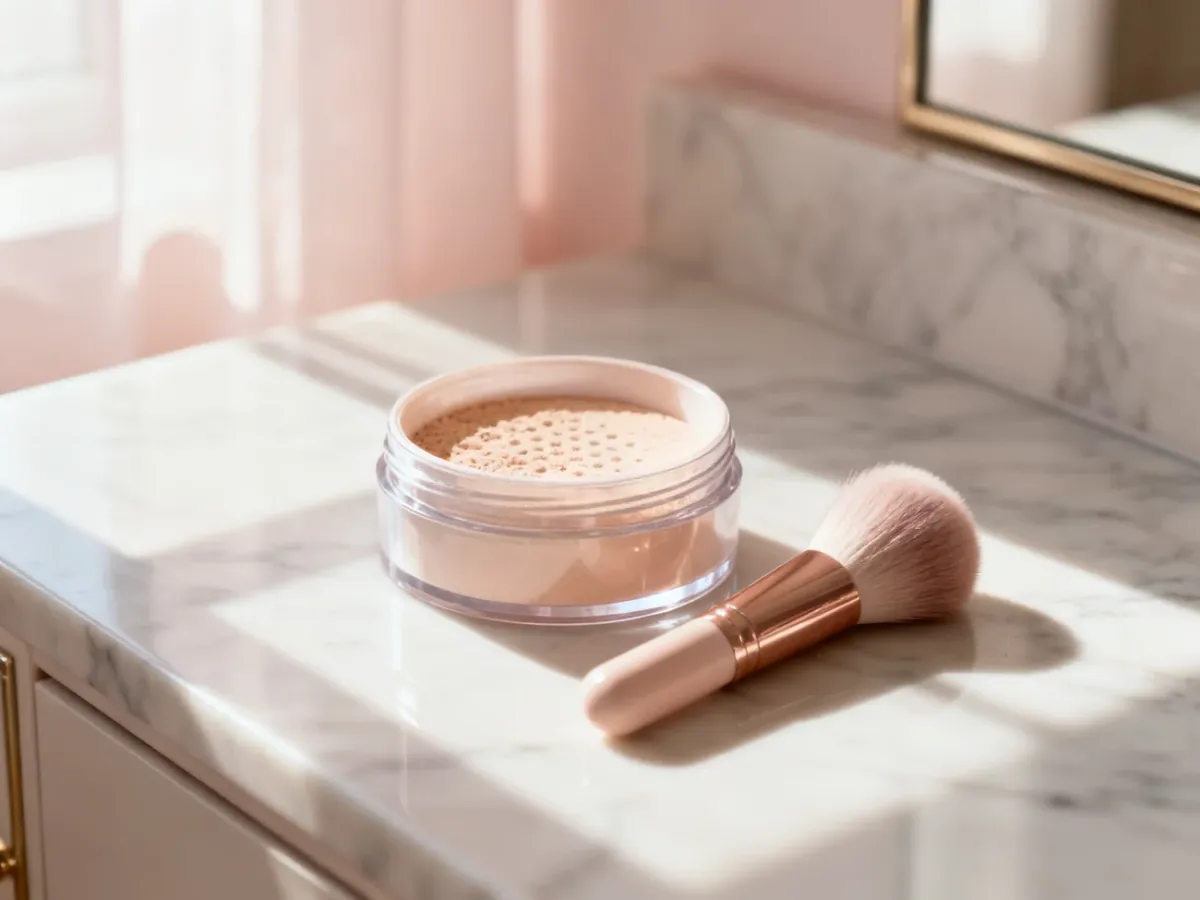 Luksusowy puder kosmetyczny z pędzlem na marmurowym blacie w świetle poranka, podkreślający delikatność i elegancję produktu.