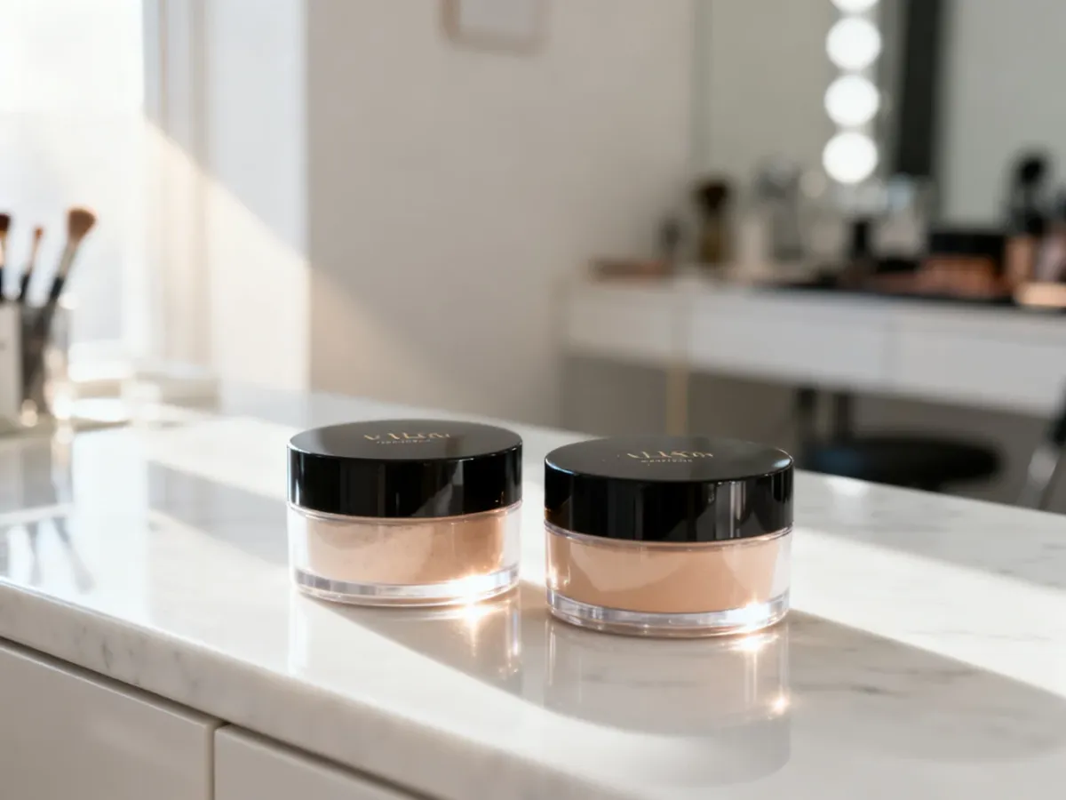 Eleganckie opakowania pudrów Laura Mercier i Huda Beauty na marmurowym blacie w profesjonalnym studio makijażu.