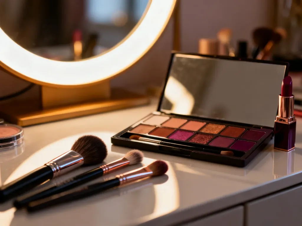 Profesjonalny zestaw kosmetyków z paletą cieni w odcieniach ziemi i jagód, przygotowany do wykonania makijażu dla brunetek.