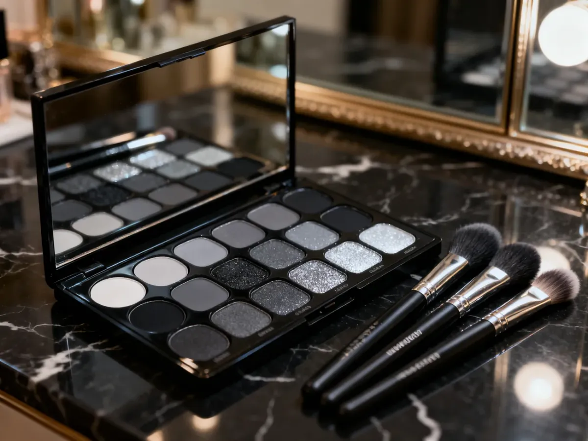 Profesjonalna paleta cieni w odcieniach czerni, szarości i srebra wraz z pędzlami do makijażu typu smoky eyes.
