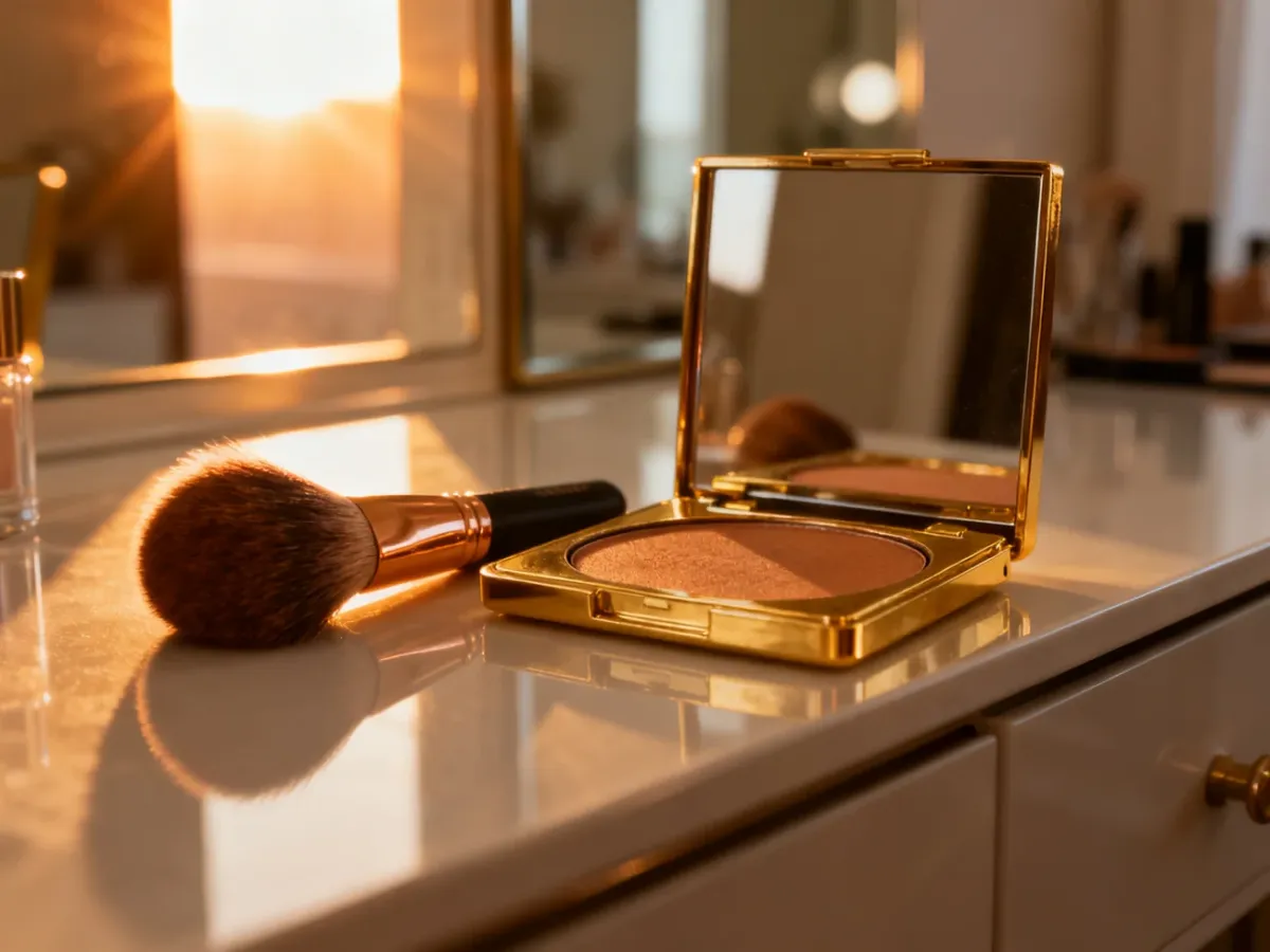 Elegancka paleta bronzerów z pędzlem i pudrem na toaletce, oświetlona ciepłym światłem zachodzącego słońca.