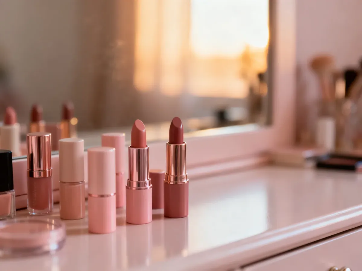 Kolekcja pomadek w odcieniach nude i różu na eleganckiej toaletce, idealna do codziennego makijażu.