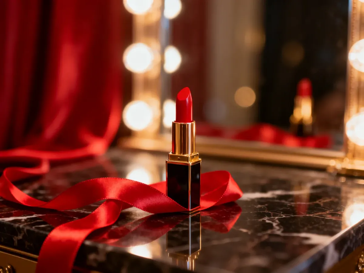 Elegancka czerwona szminka na marmurowym blacie z jedwabną wstążką, symbolizująca kobiecość i luksus.