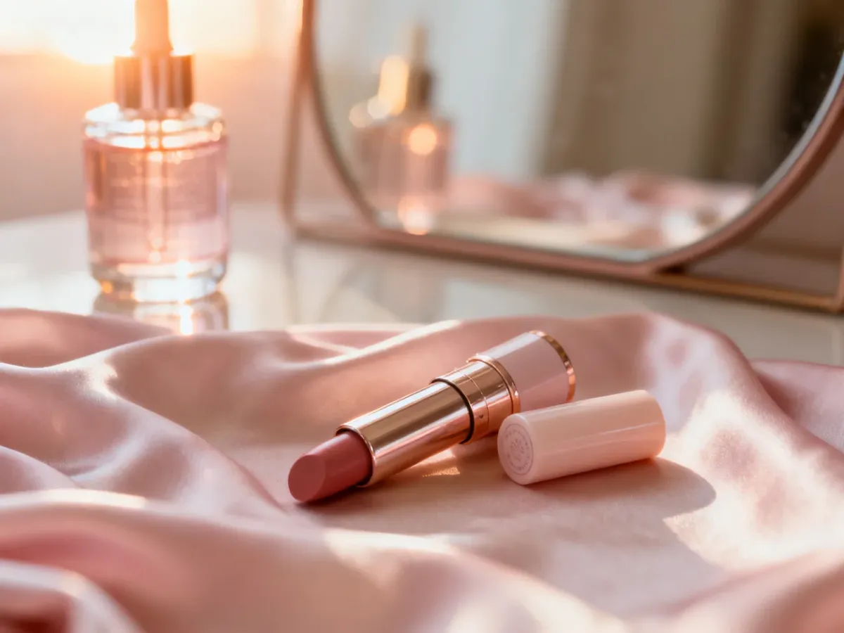 Luksusowa szminka i balsam nawilżający na jedwabnym materiale, podkreślające pielęgnację ust w eleganckim stylu.