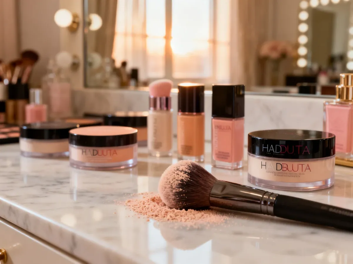 Elegancko wyeksponowane pudry sypkie Huda Beauty na marmurowym blacie oraz pędzel z nabranym kosmetykiem.