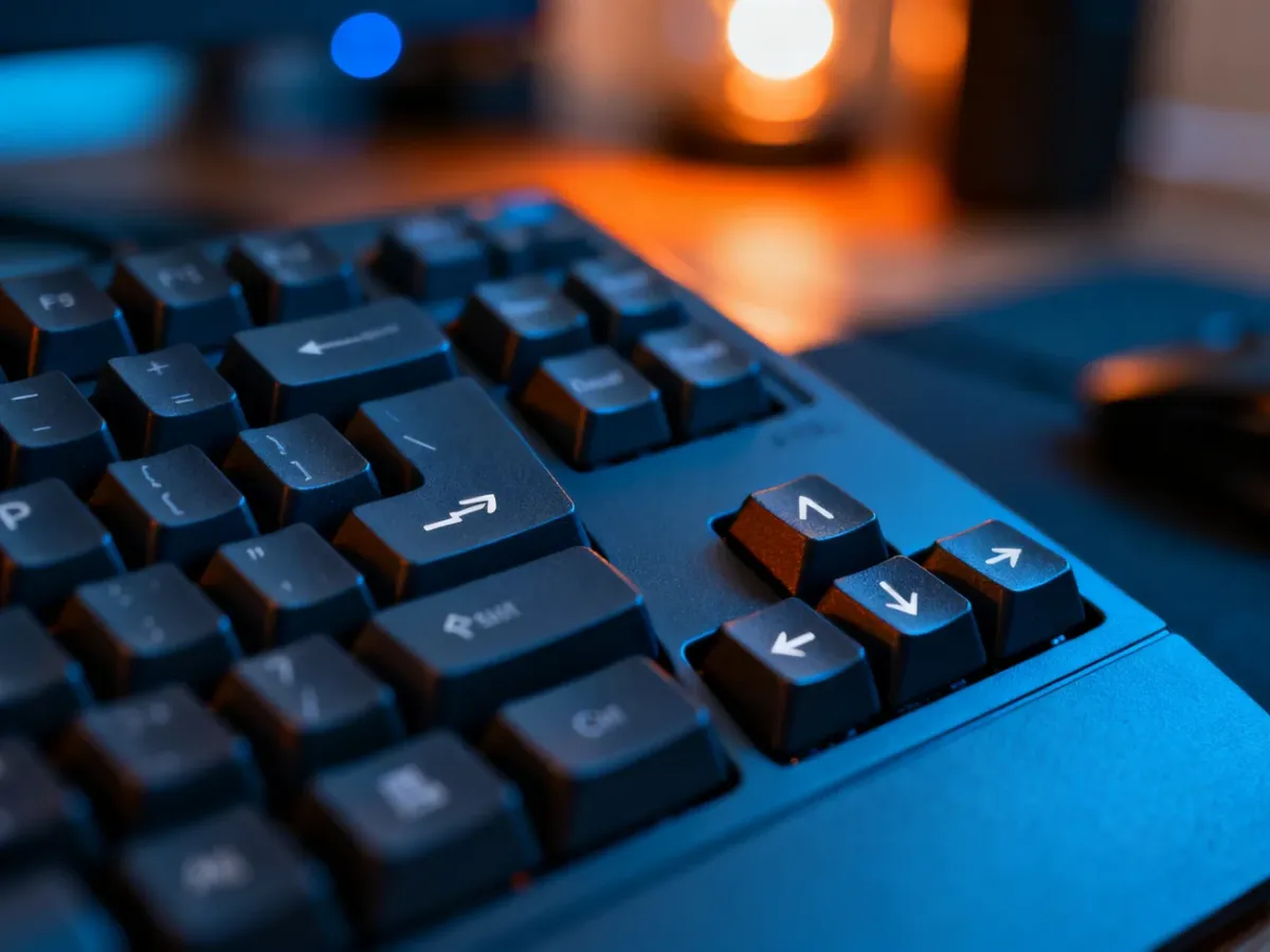Zbliżenie na klawiaturę mechaniczną z podświetleniem, ułatwiające odnalezienie klawiszy do wpisywania znaków specjalnych.