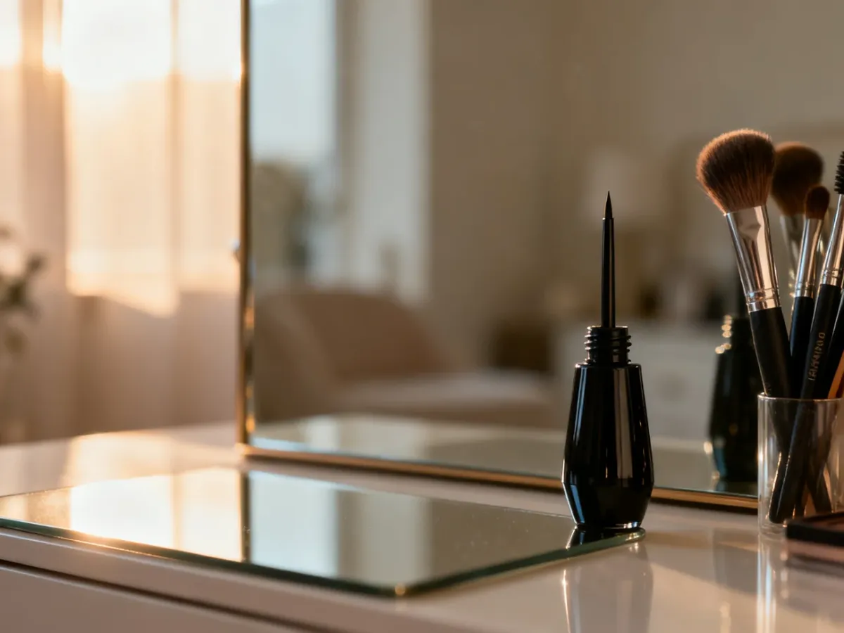 Profesjonalny eyeliner w płynie i pędzle do makijażu na toaletce, przygotowane do wykonania idealnej kreski na oku.