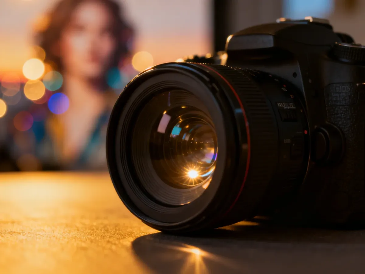 Obiektyw aparatu wyostrzony na pierwszy plan z rozmytym, artystycznym tłem typu bokeh w ciepłych barwach.